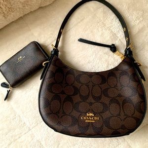 Coach Kleo Hobo dark brown signature with matching small wallet